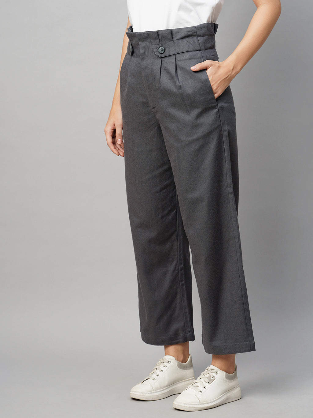 Women's Grey Viscose Cotton Linen Straight Fit Pant