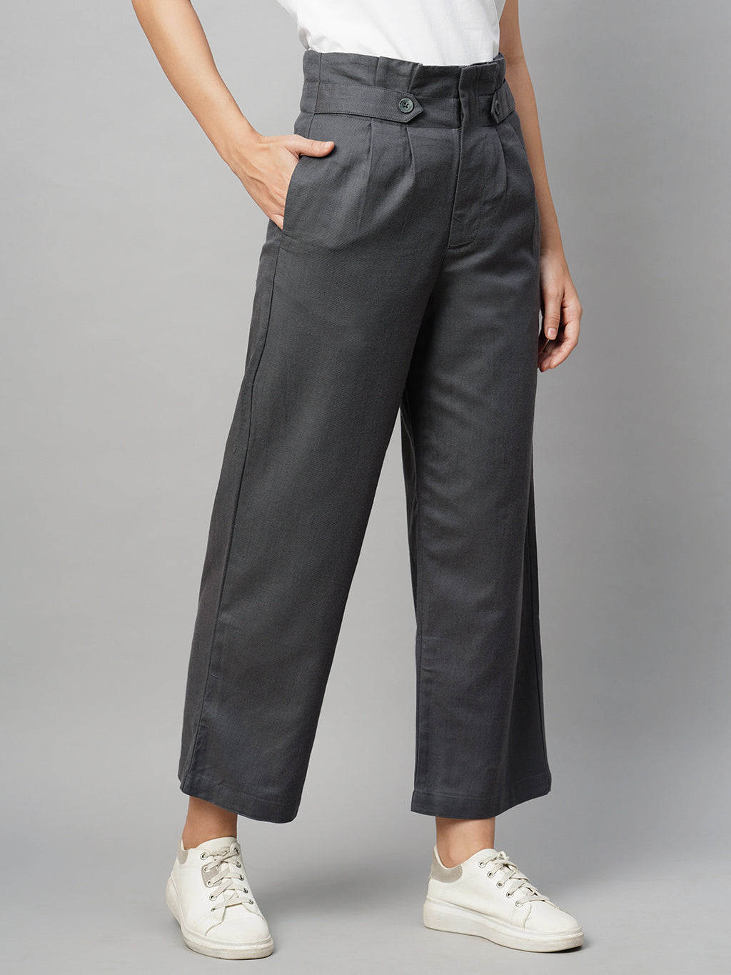 Women's Grey Viscose Cotton Linen Straight Fit Pant