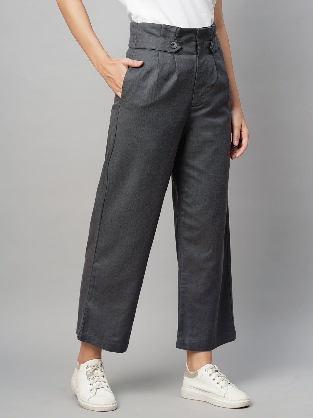 Women's Grey Viscose Cotton Linen Straight Fit Pant