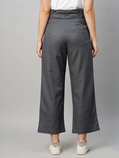 Women's Grey Viscose Cotton Linen Straight Fit Pant