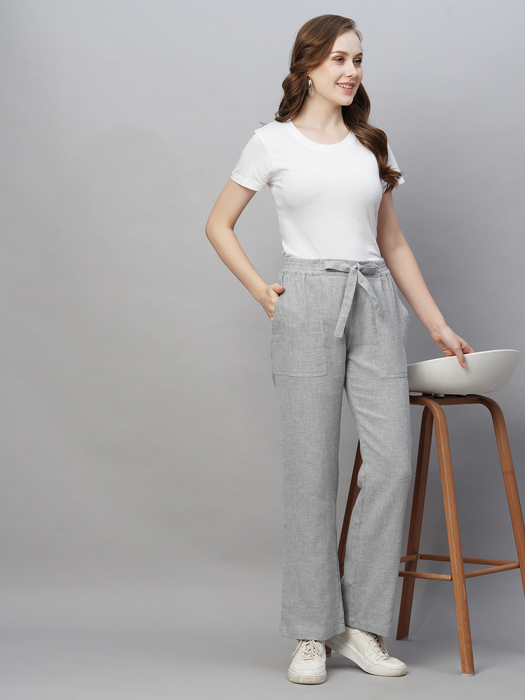Women's Cotton Linen Grey Regular Fit Pant