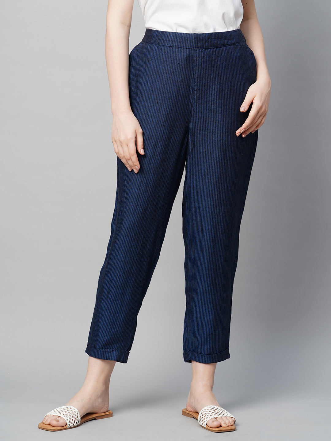 Women's Linen Blue Regular Fit Pant