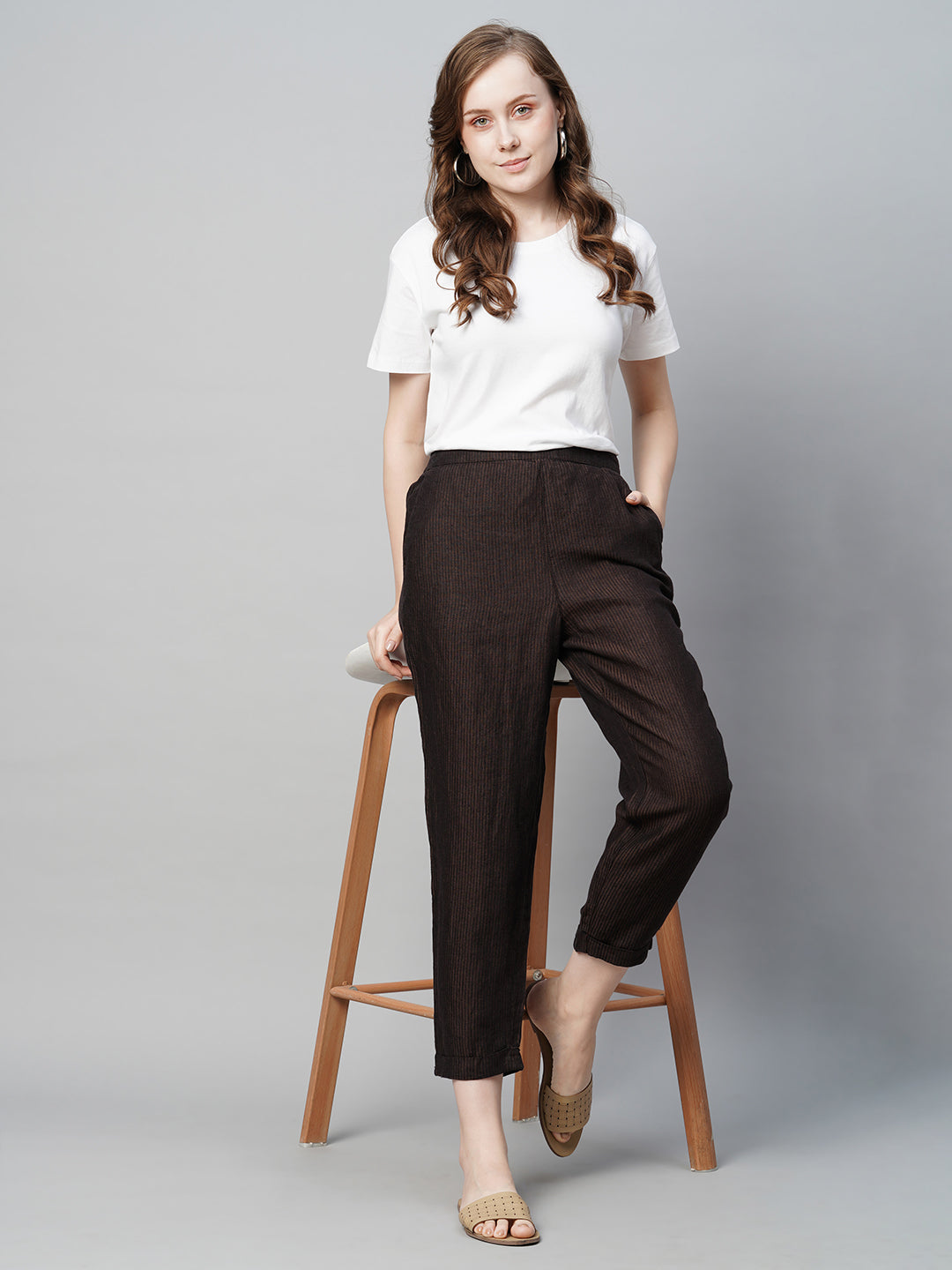 Women's Brown Linen Regular Fit Pant