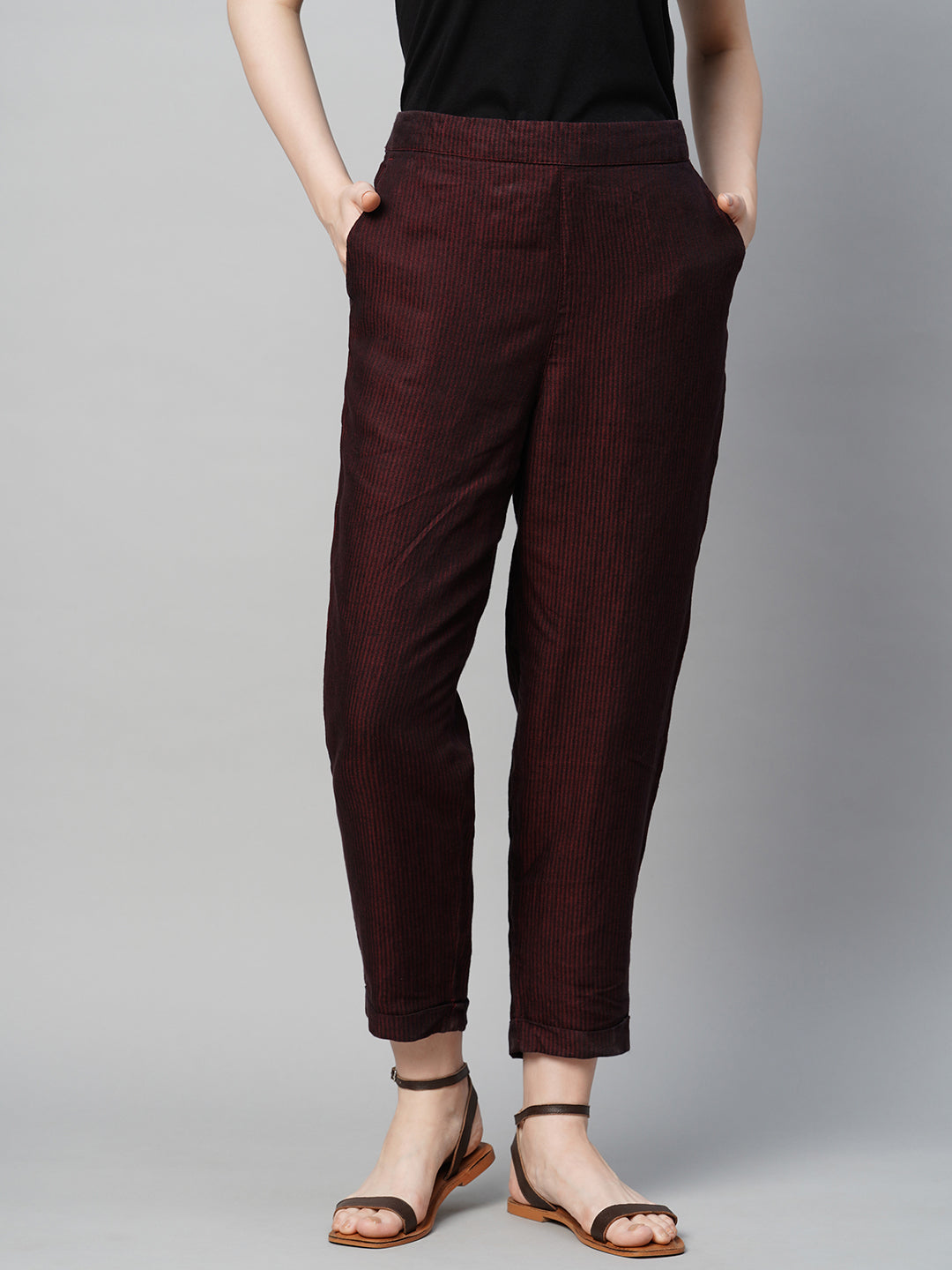 Women's Maroon Linen Regular Fit Pant