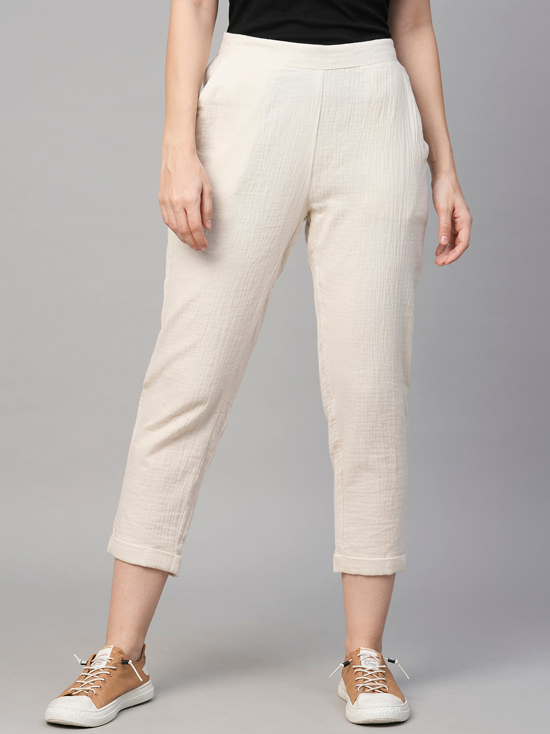 Women's Cotton Offwhite Regular Fit Pant
