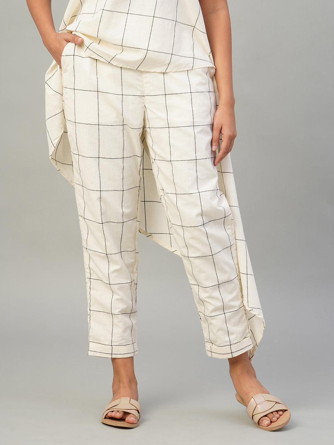 Women's Natural/Black 100% Cotton Regular Fit Pant