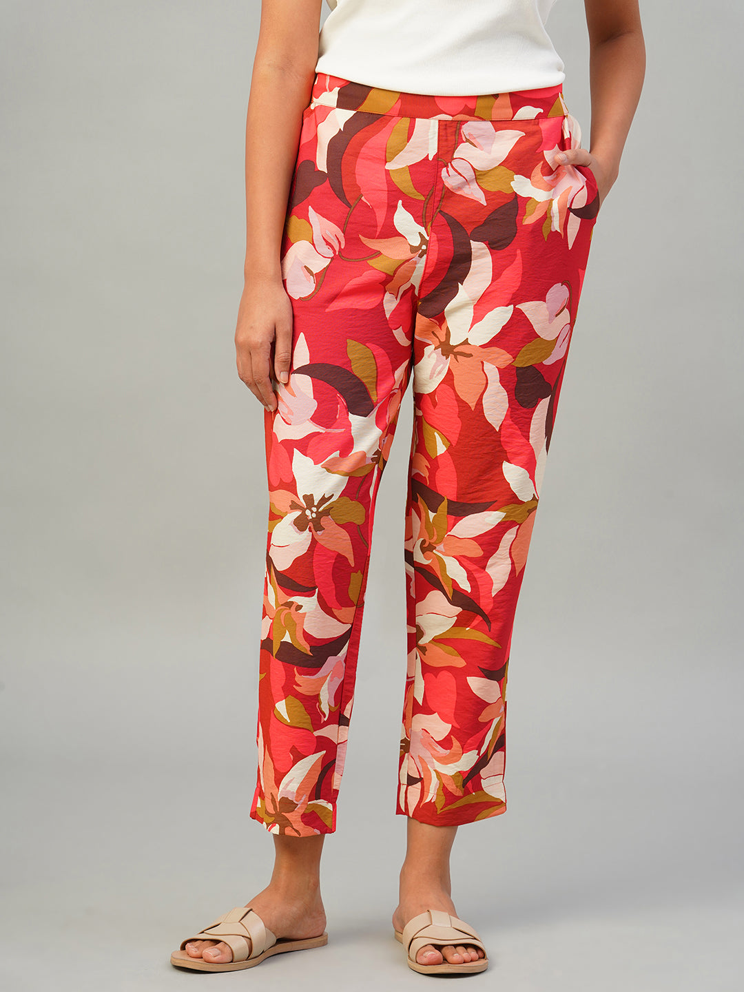 Women's Red 100% Viscose Regular Fit Pant