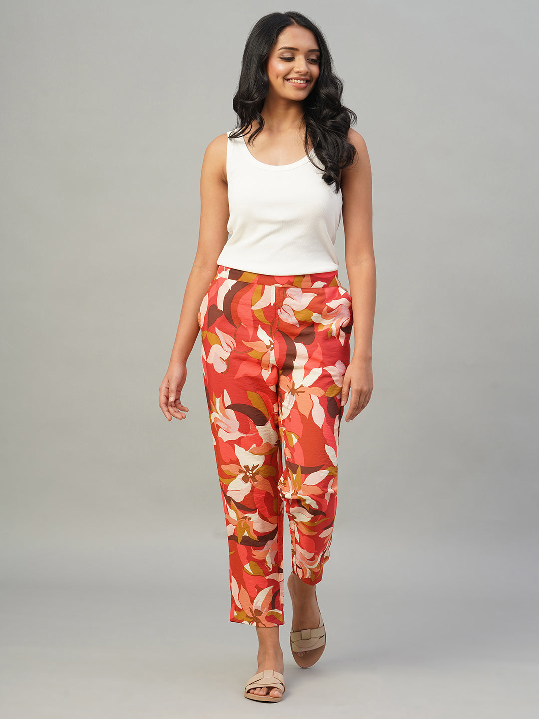 Women's Red 100% Viscose Regular Fit Pant