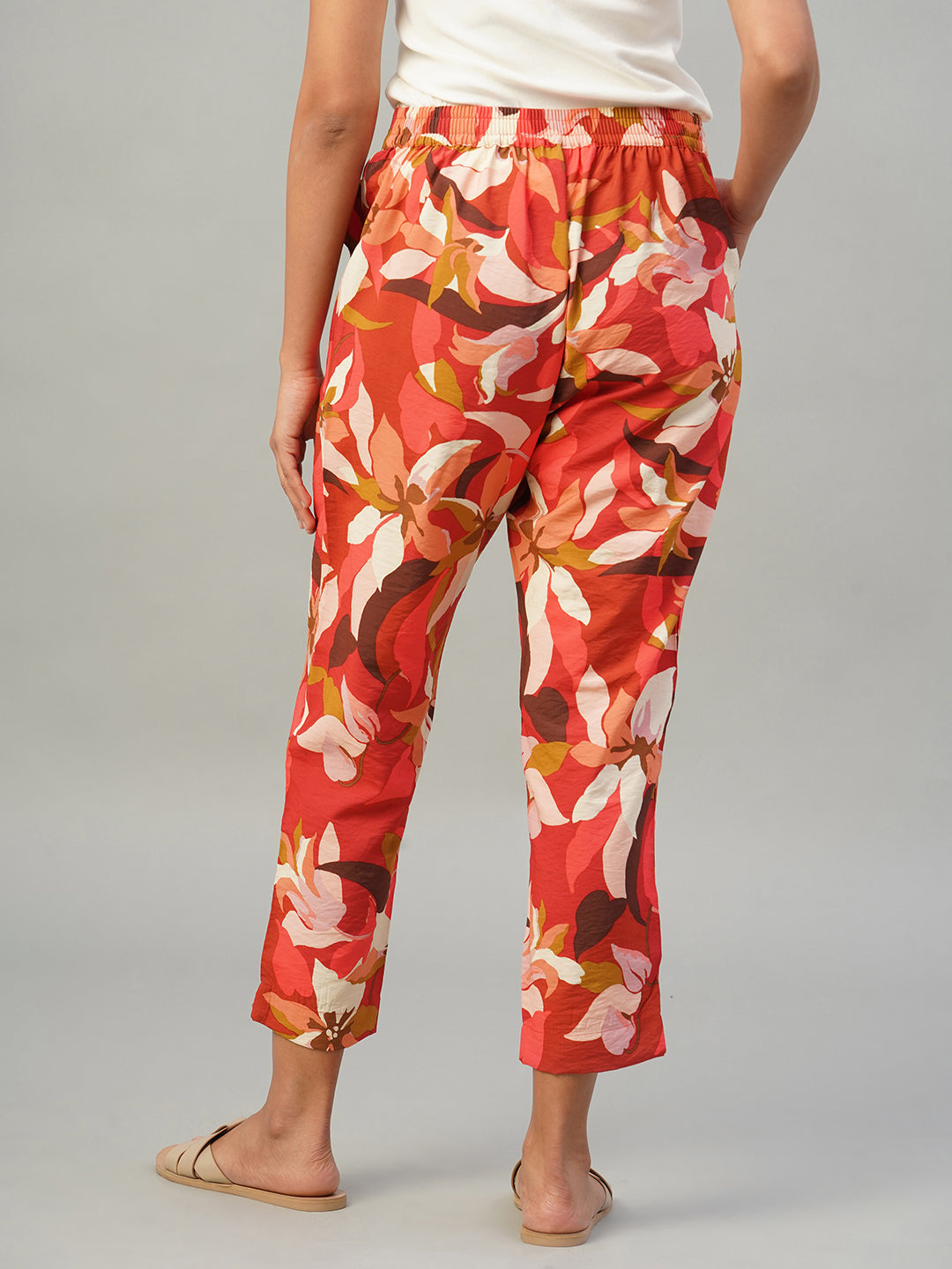 Women's Red 100% Viscose Regular Fit Pant