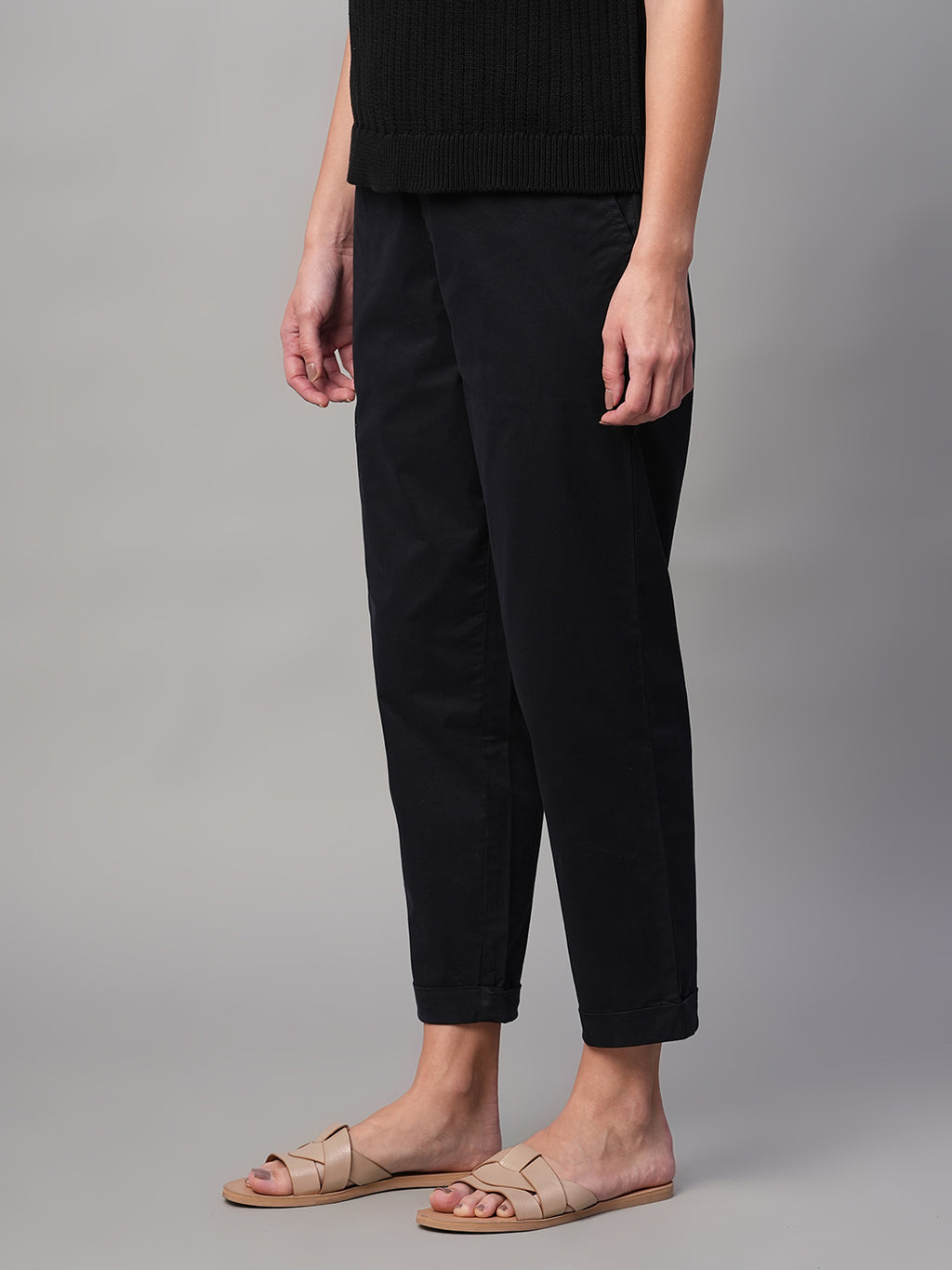 Women's Black Cotton Lycra Regular Fit Pant