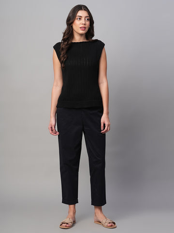 Women's Black Cotton Lycra Regular Fit Pant