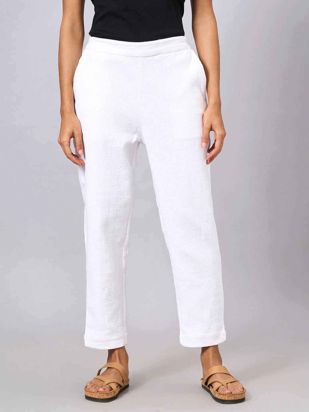Women's White 100% Cotton Regular Fit Pant