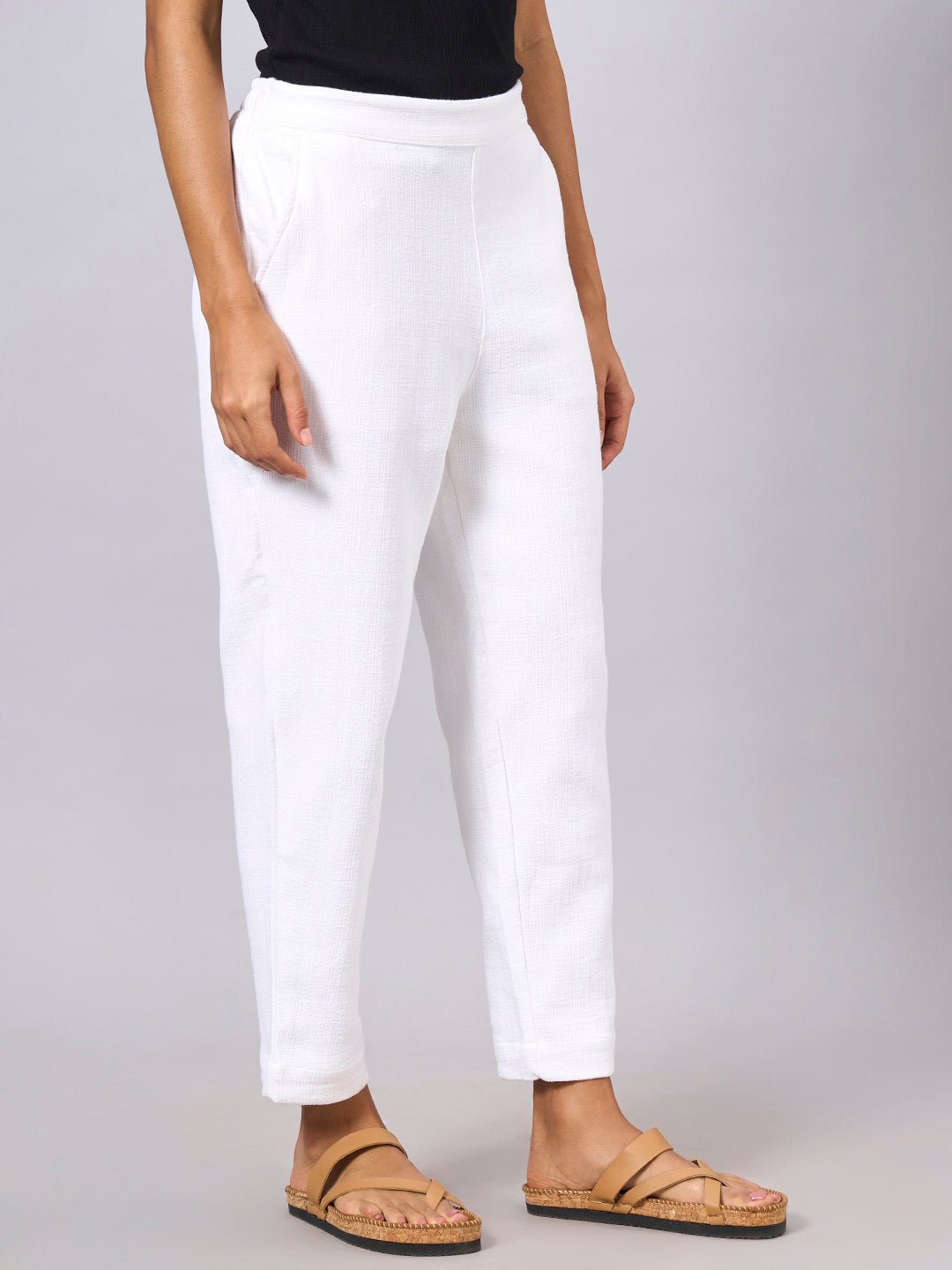 Women's White 100% Cotton Regular Fit Pant