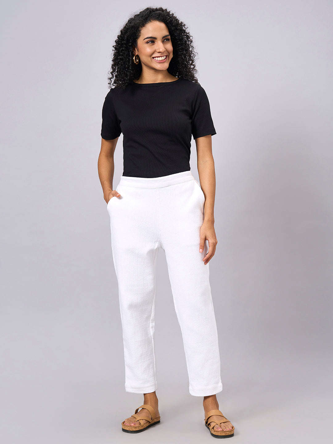 Women's White 100% Cotton Regular Fit Pant