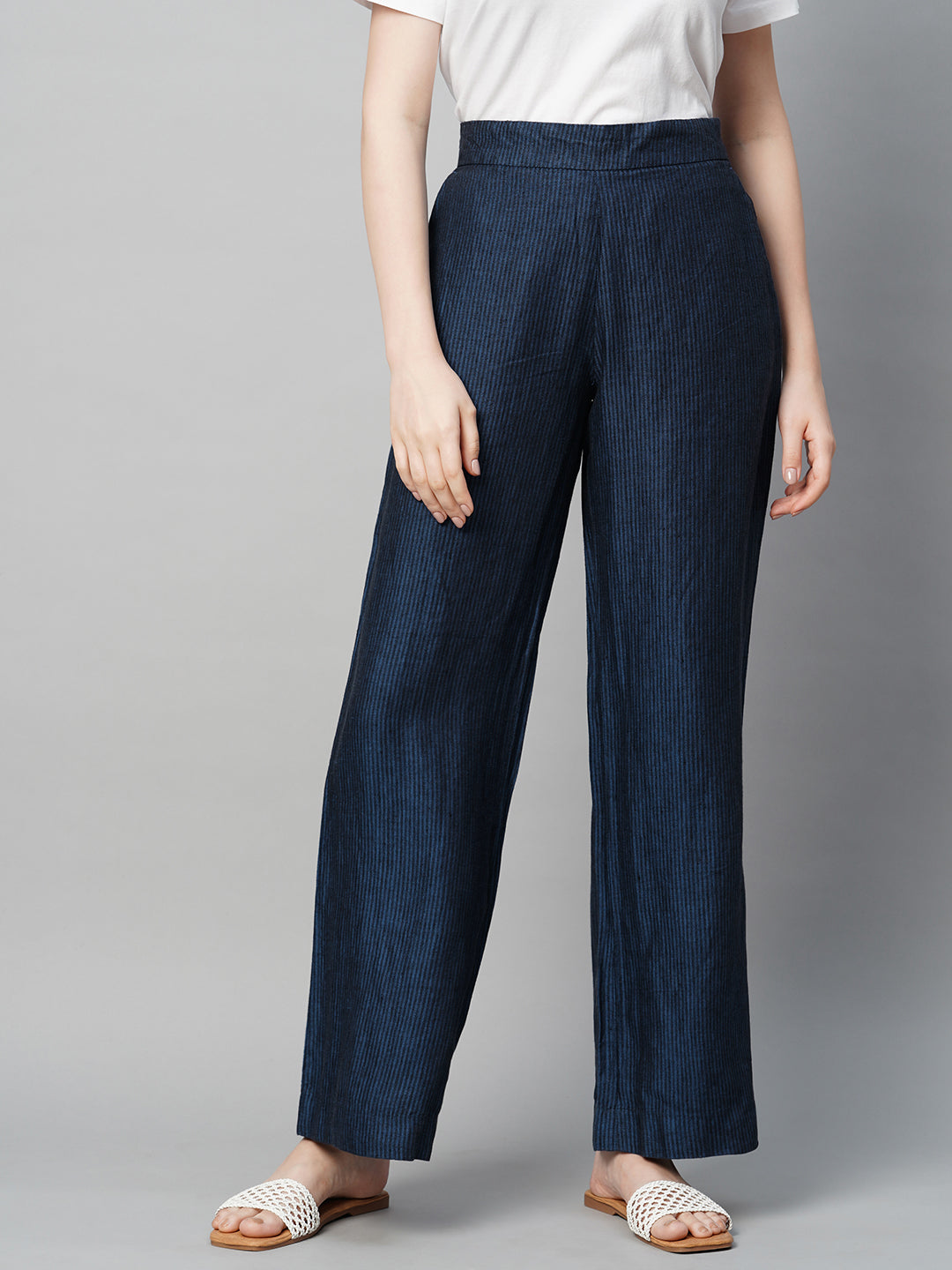 Women's Blue Linen Straight Fit Pant