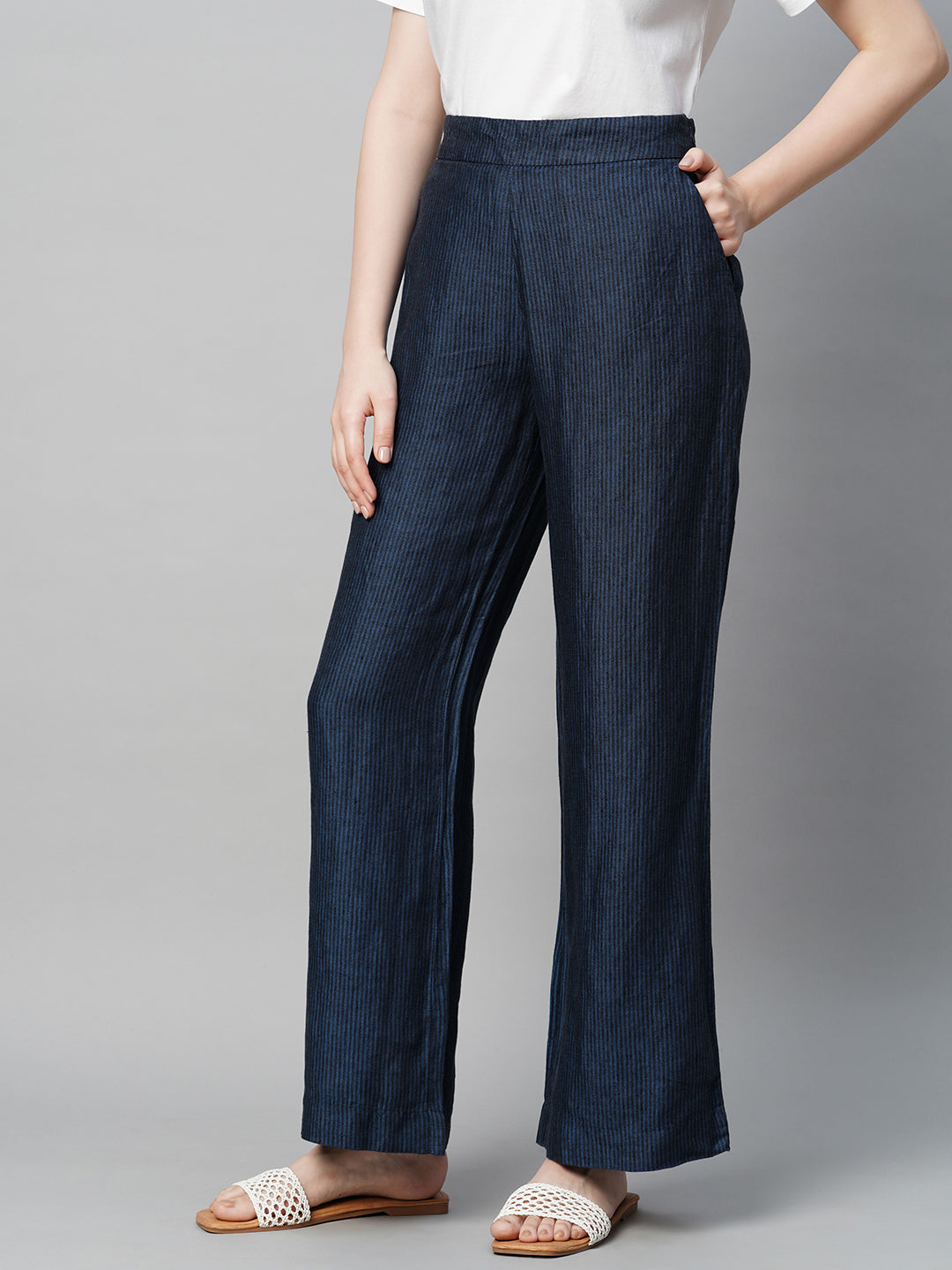 Women's Blue Linen Straight Fit Pant