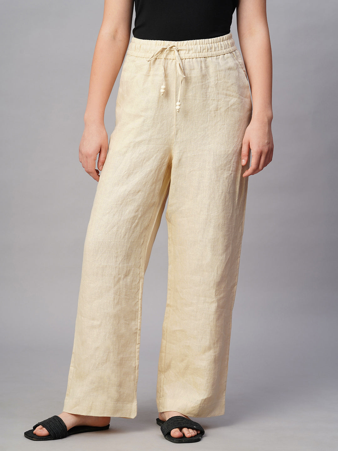 Women's Beige Linen Regular Fit Pant