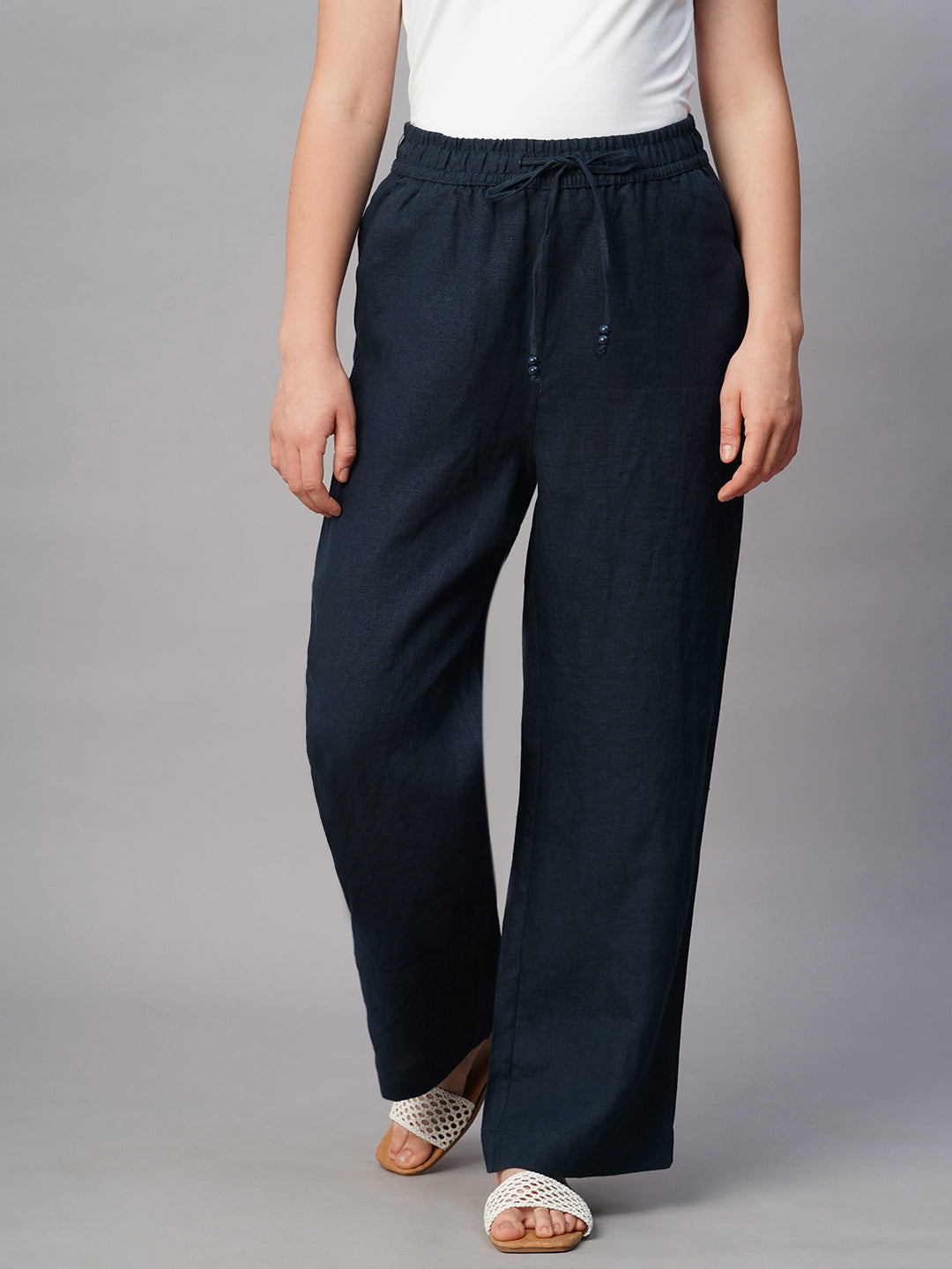 Women's Navy Linen Regular Fit Pant