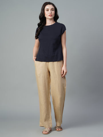 Women's Khaki 100% Linen Regular Fit Pant