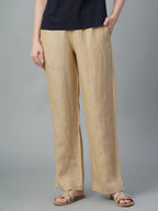 Women's Khaki 100% Linen Regular Fit Pant