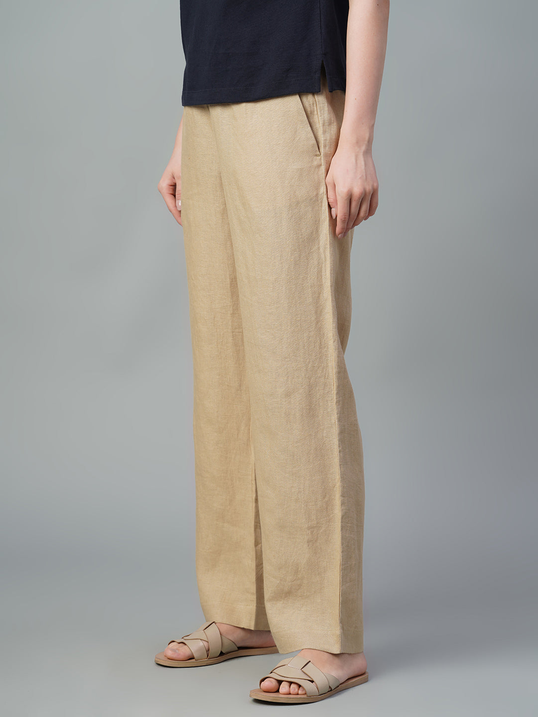 Women's Khaki 100% Linen Regular Fit Pant