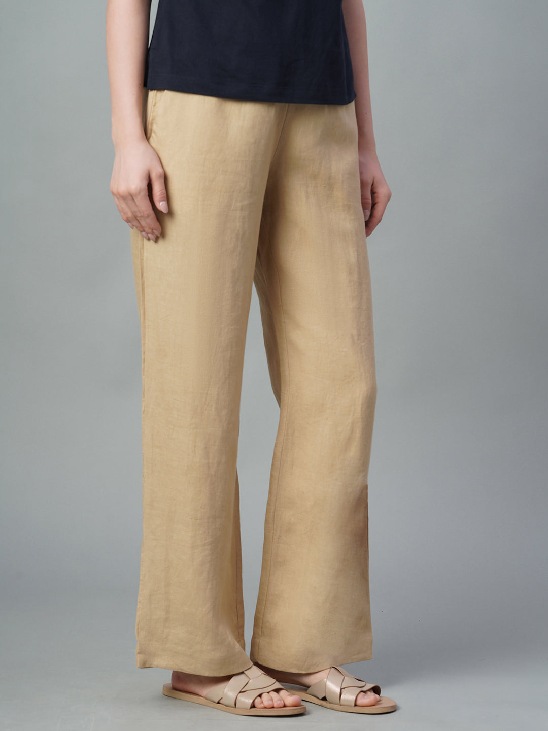 Women's Khaki 100% Linen Regular Fit Pant
