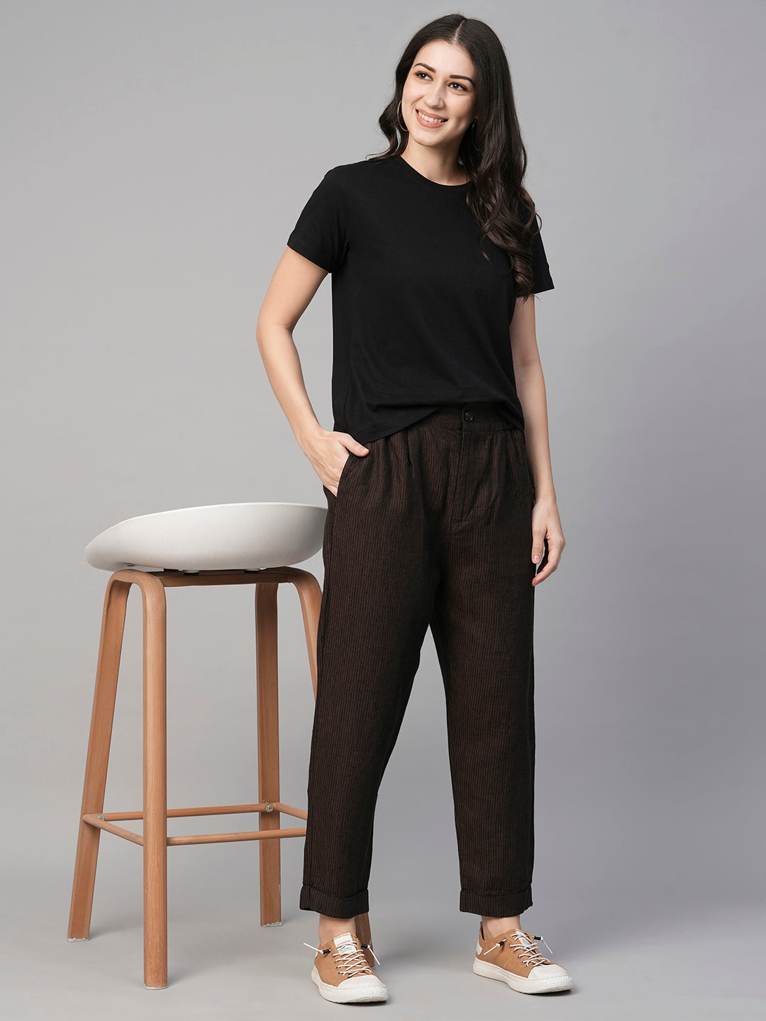 Women's Brown Linen Regular Fit Pant