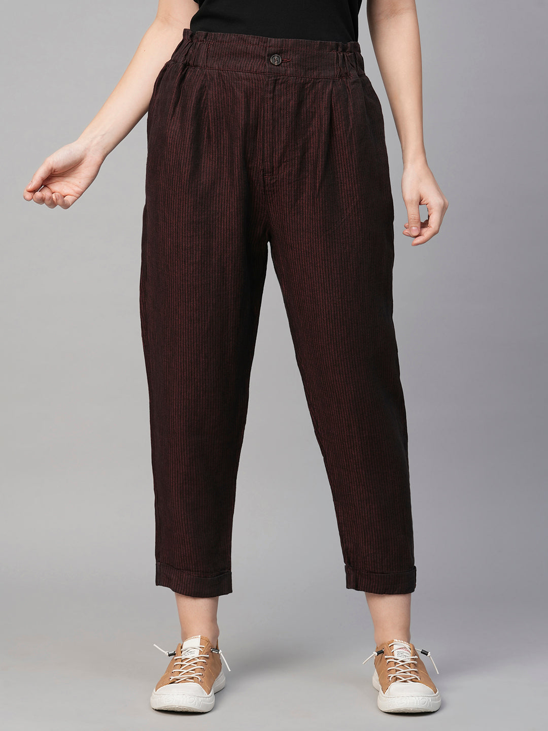 Women's Maroon Linen Regular Fit Pant