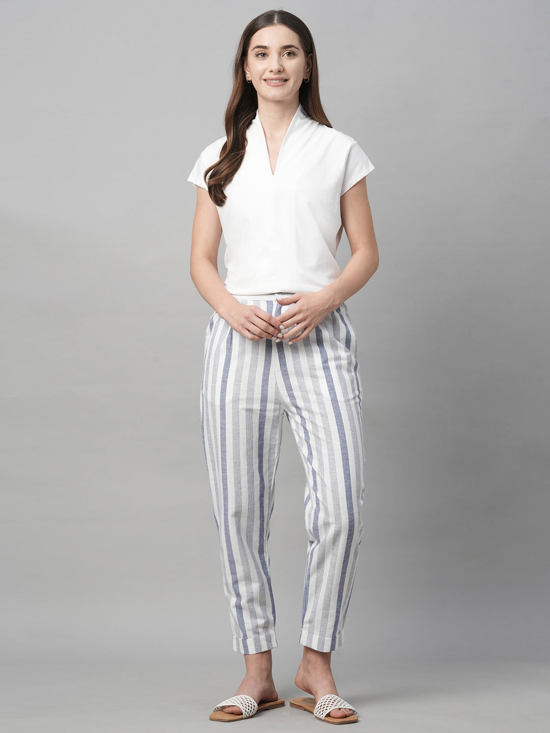 Women's Blue Cotton Linen Regular Fit Pant