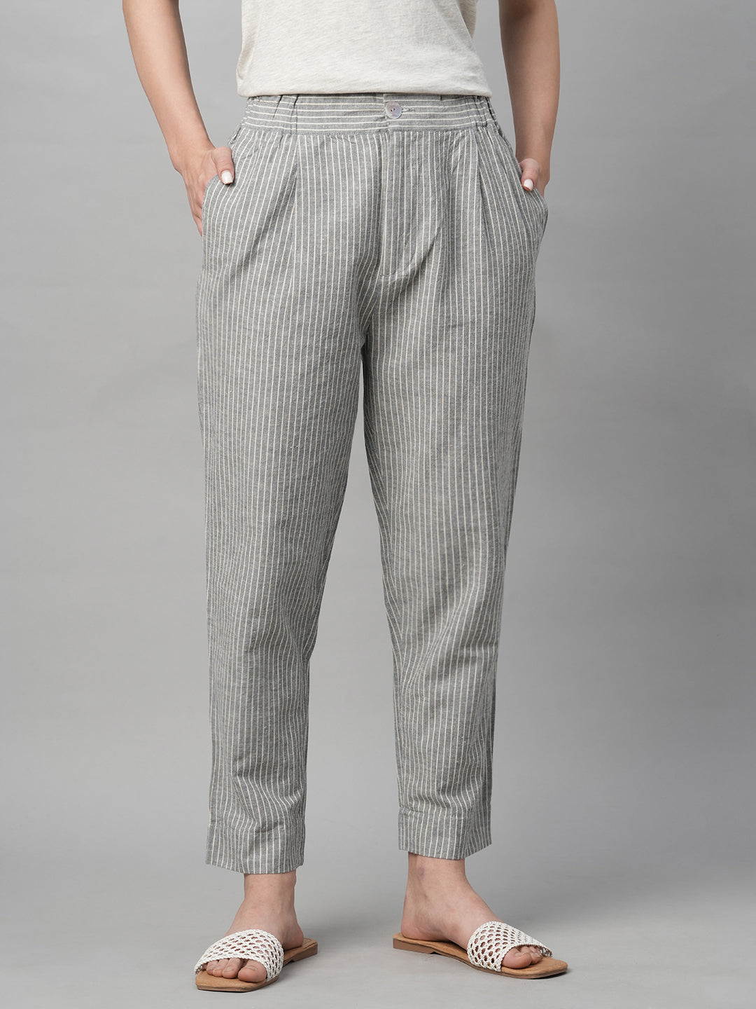 Women's Grey Cotton Linen Regular Fit Pant