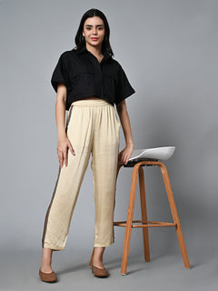 Women's Hand Block Printed Regular Fit Modal Offwhite Pant Ajrak