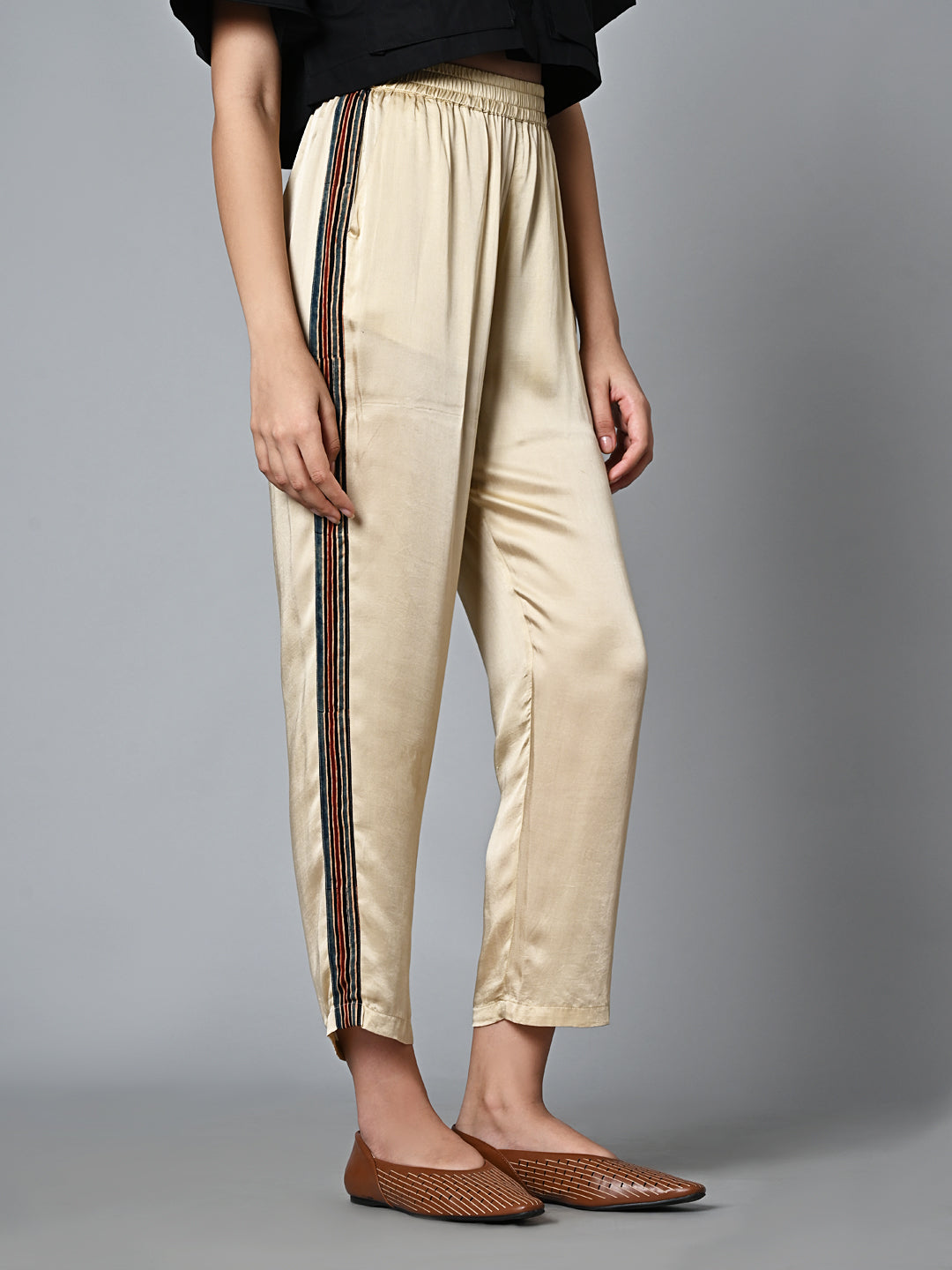 Women's Ajrak Hand Block Printed Regular Fit Modal Offwhite Pant