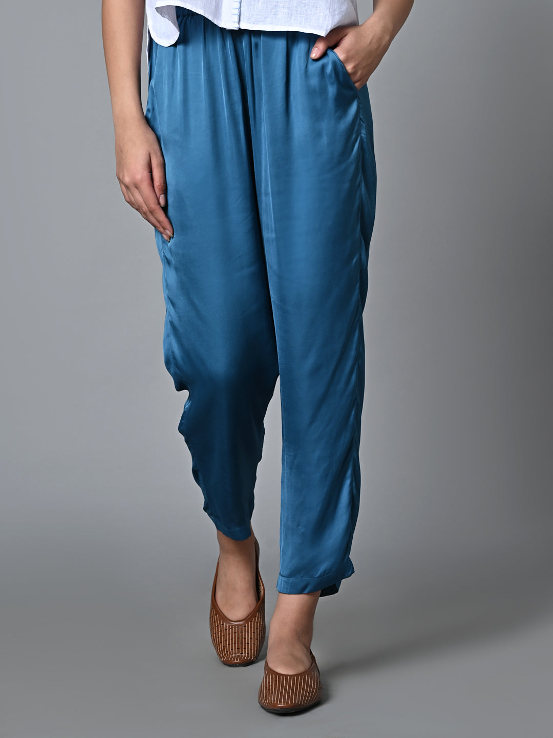 Women's Blue Viscose Modal Regular Fit Pant