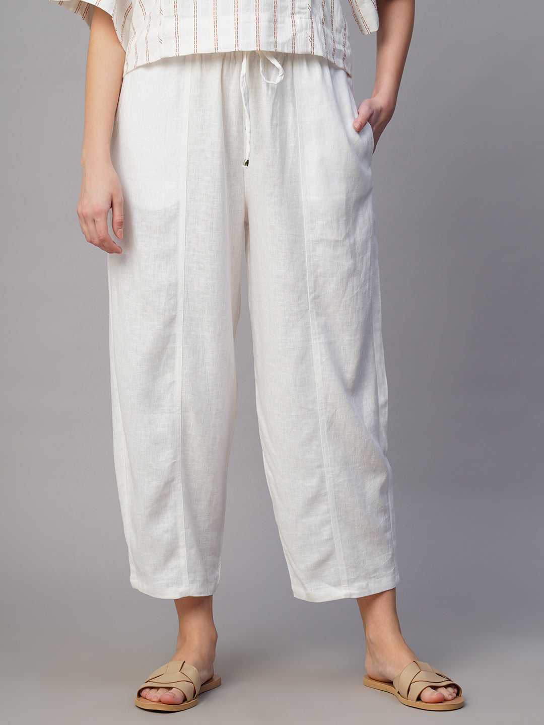 Women's White Linen Viscose Regular Fit Pant