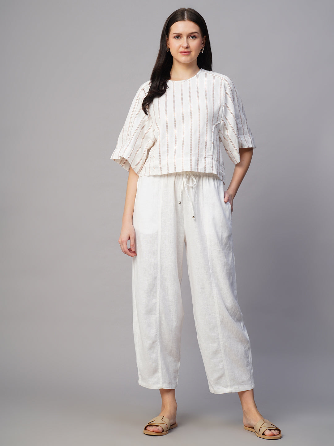 Women's White Linen Viscose Regular Fit Pant