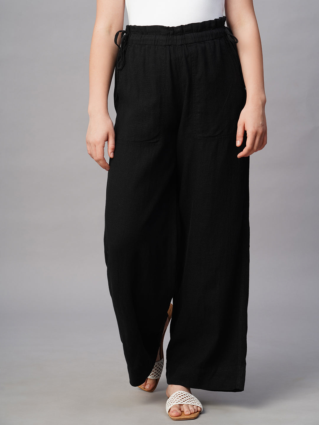 Women's Black Linen Cotton Wide Leg Pant