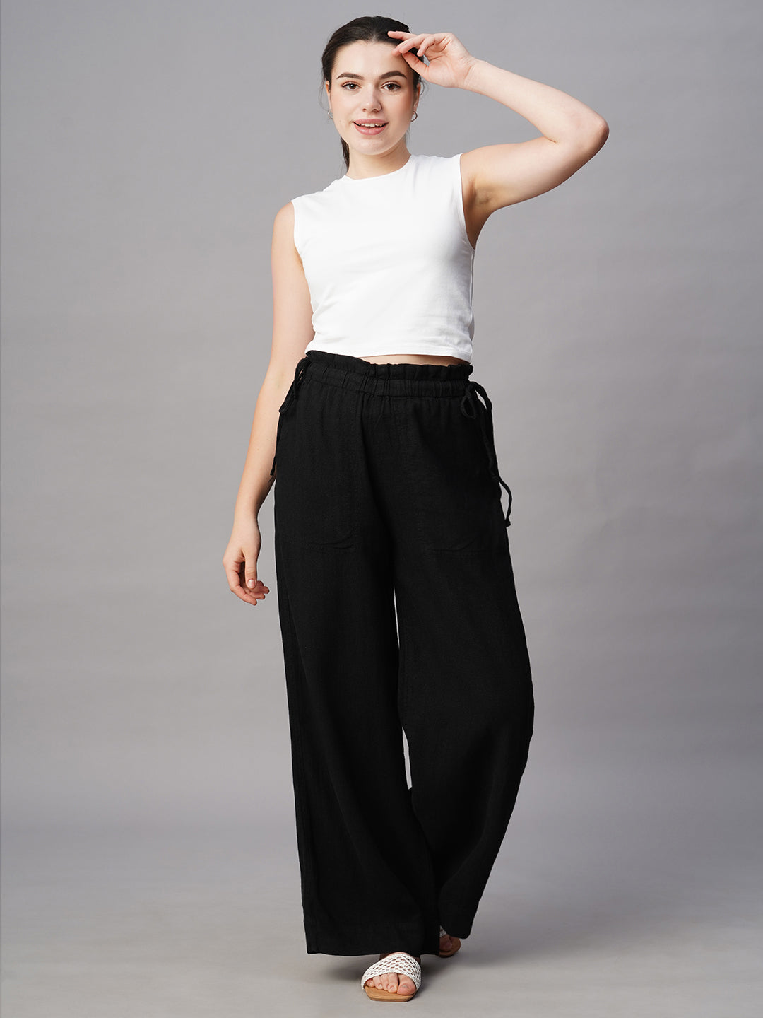 Women's Black Linen Cotton Wide Leg Pant