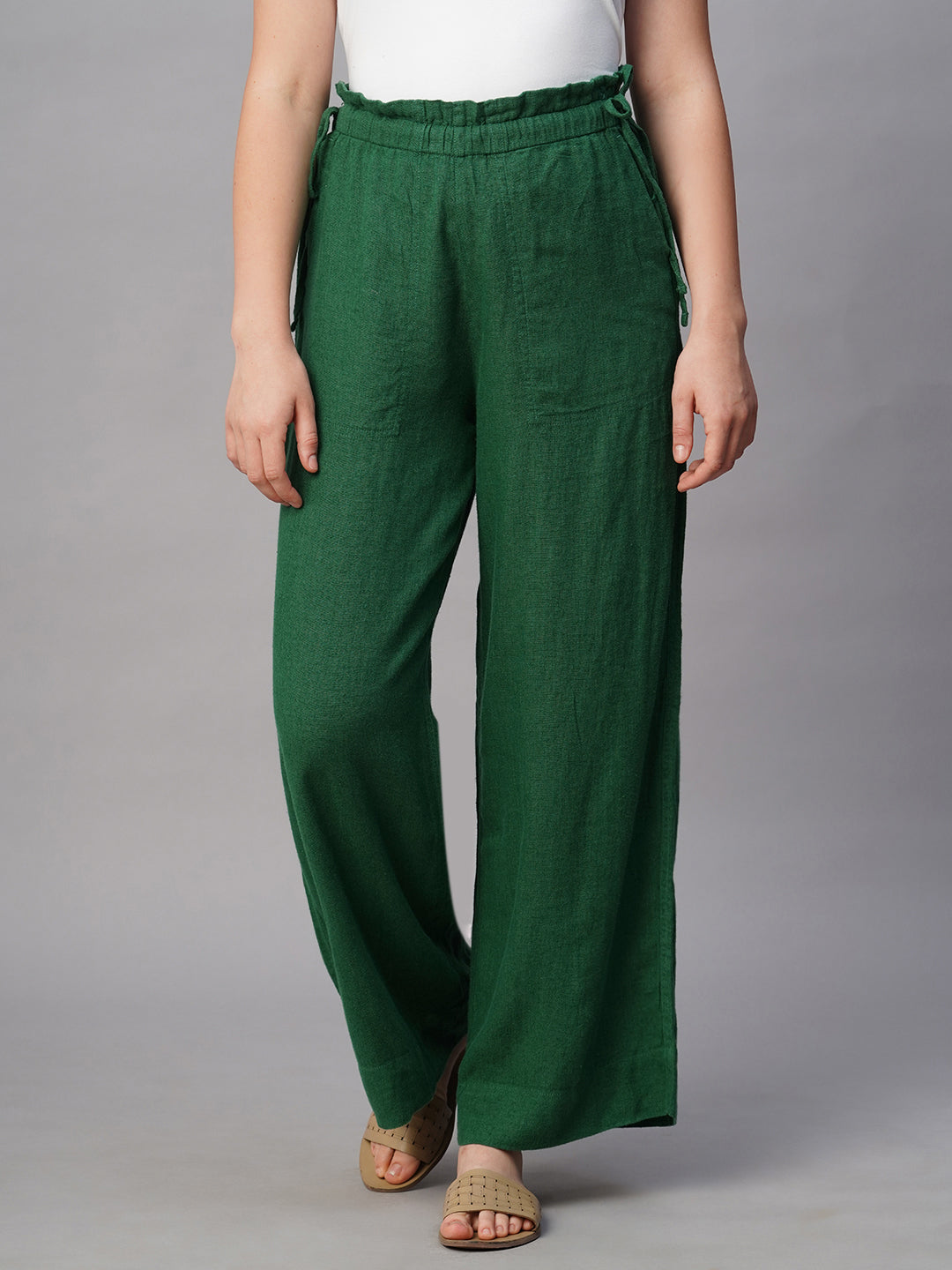 Women's Green Linen Cotton Wide Leg Pant