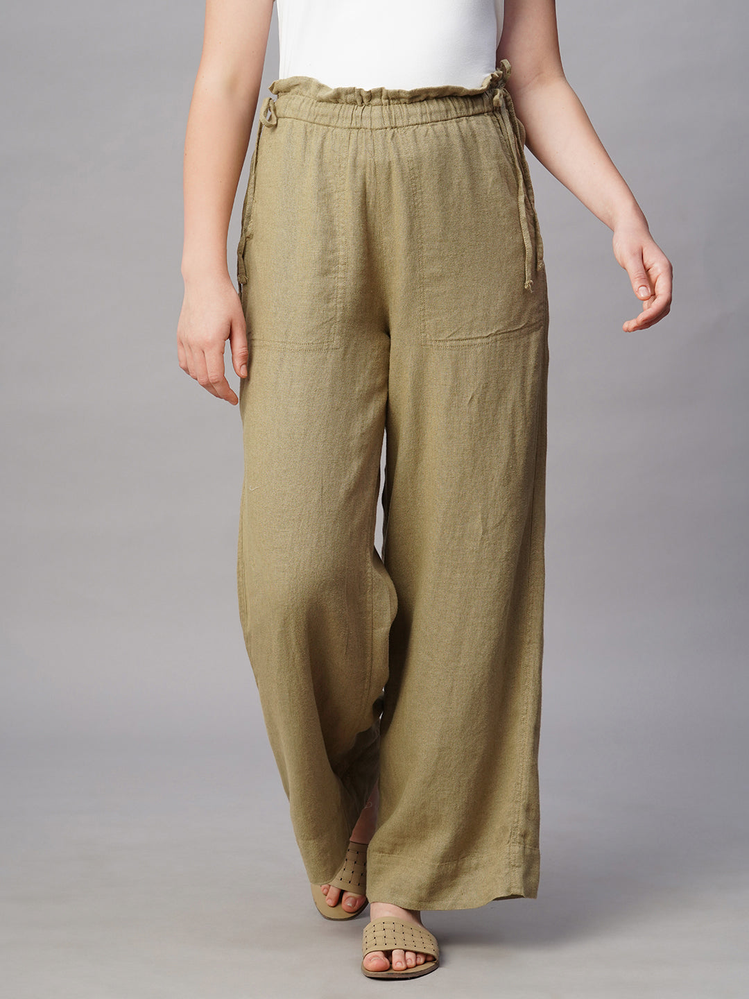 Women's Khaki Linen Cotton Wide Leg Pant