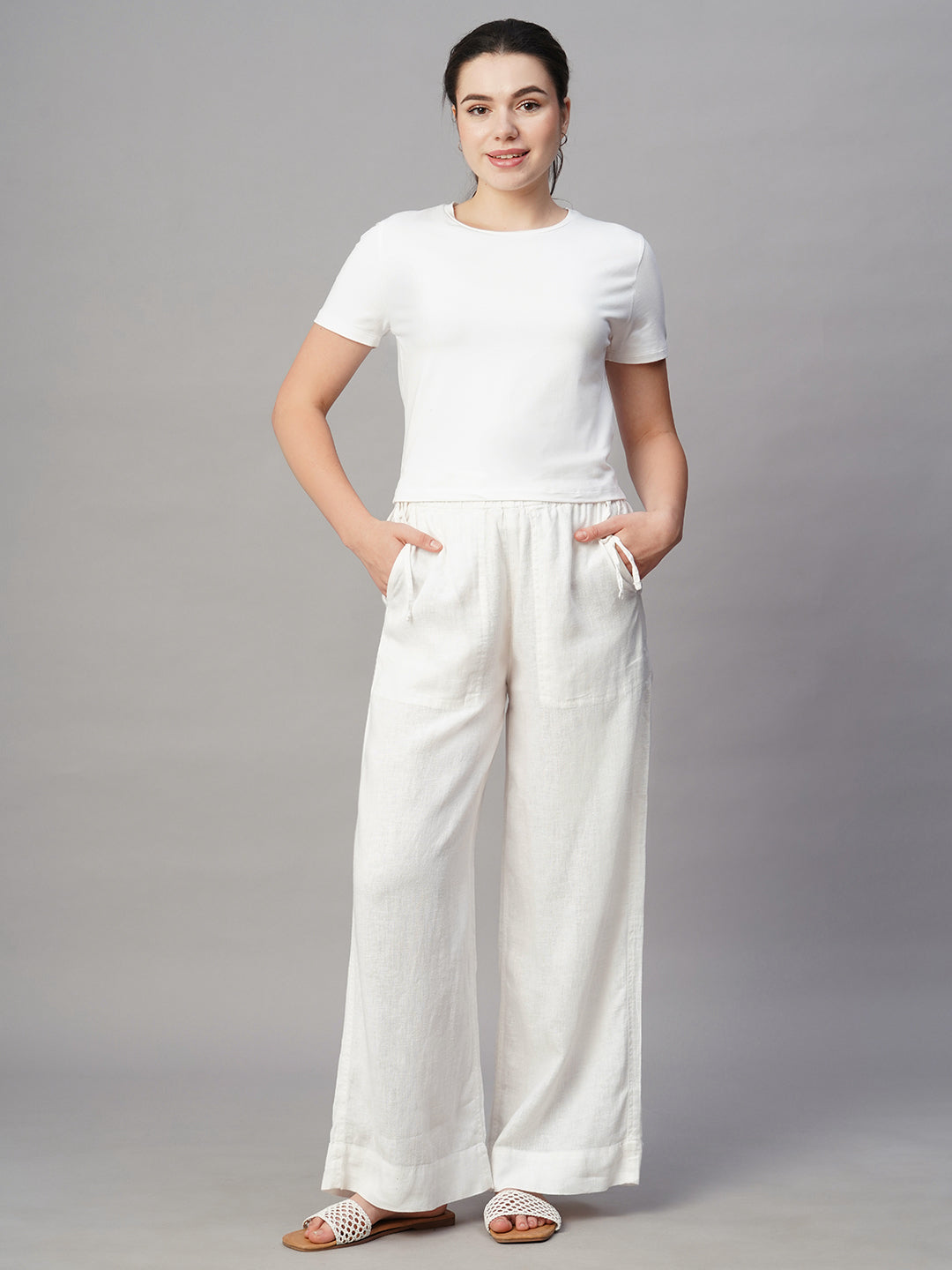 Women's White Linen Viscose Wide Leg Pant