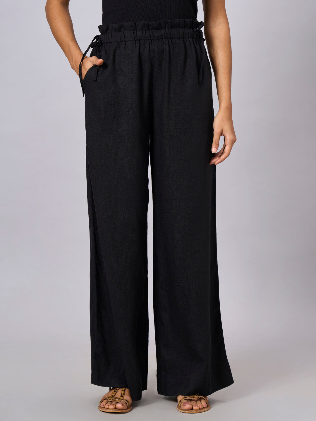 Women's Black Linen Viscose Regular Fit Pant