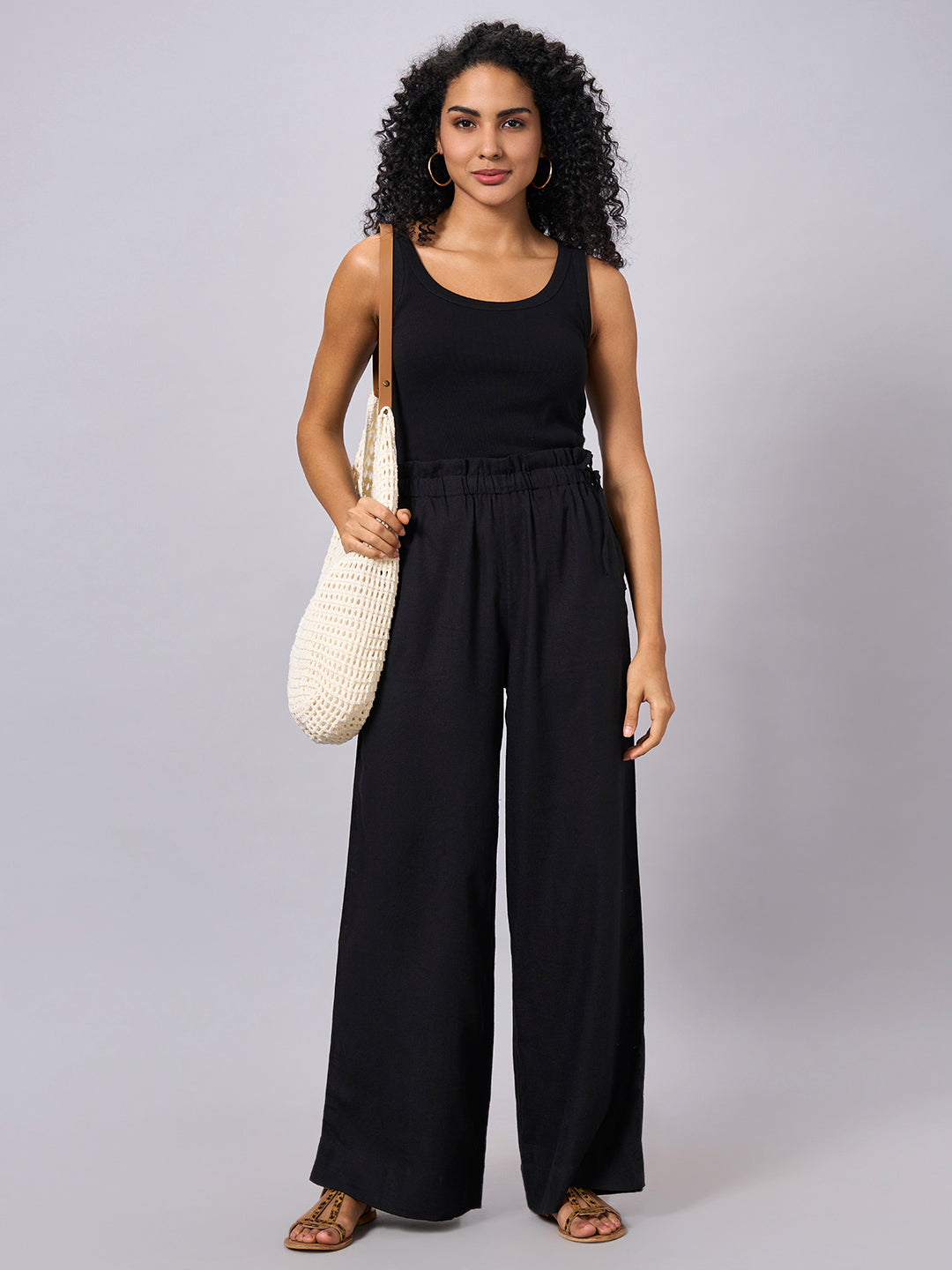 Women's Black Linen Viscose Regular Fit Pant