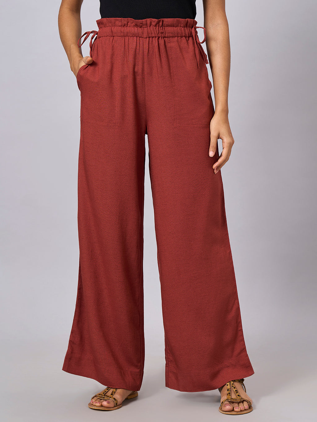 Women's Rust Linen Viscose Regular Fit Pant
