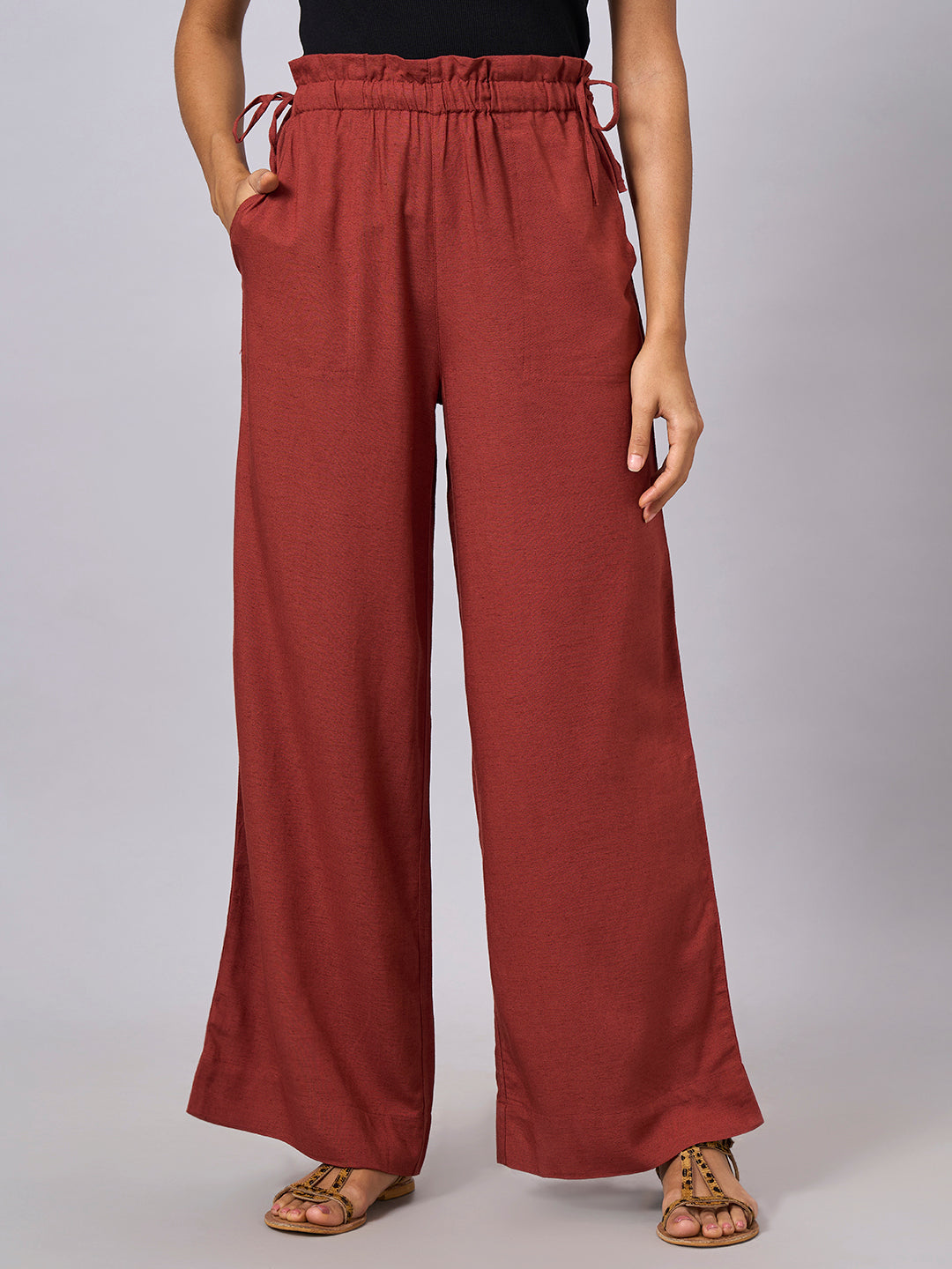 Women's Rust Linen Viscose Regular Fit Pant