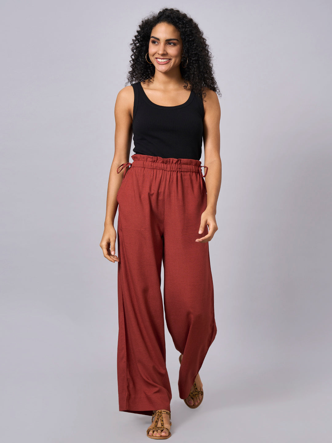 Women's Rust Linen Viscose Regular Fit Pant