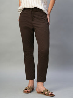 Women's Cotton Lycra Regular Fit Side Pocket Pant Brown