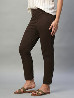 Women's Cotton Lycra Regular Fit Side Pocket Pant Brown