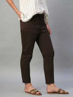 Women's Cotton Lycra Regular Fit Side Pocket Pant Brown