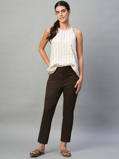 Women's Cotton Lycra Regular Fit Side Pocket Pant Brown