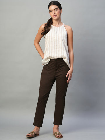 Women's Brown Cotton Lycra Regular Fit Pant